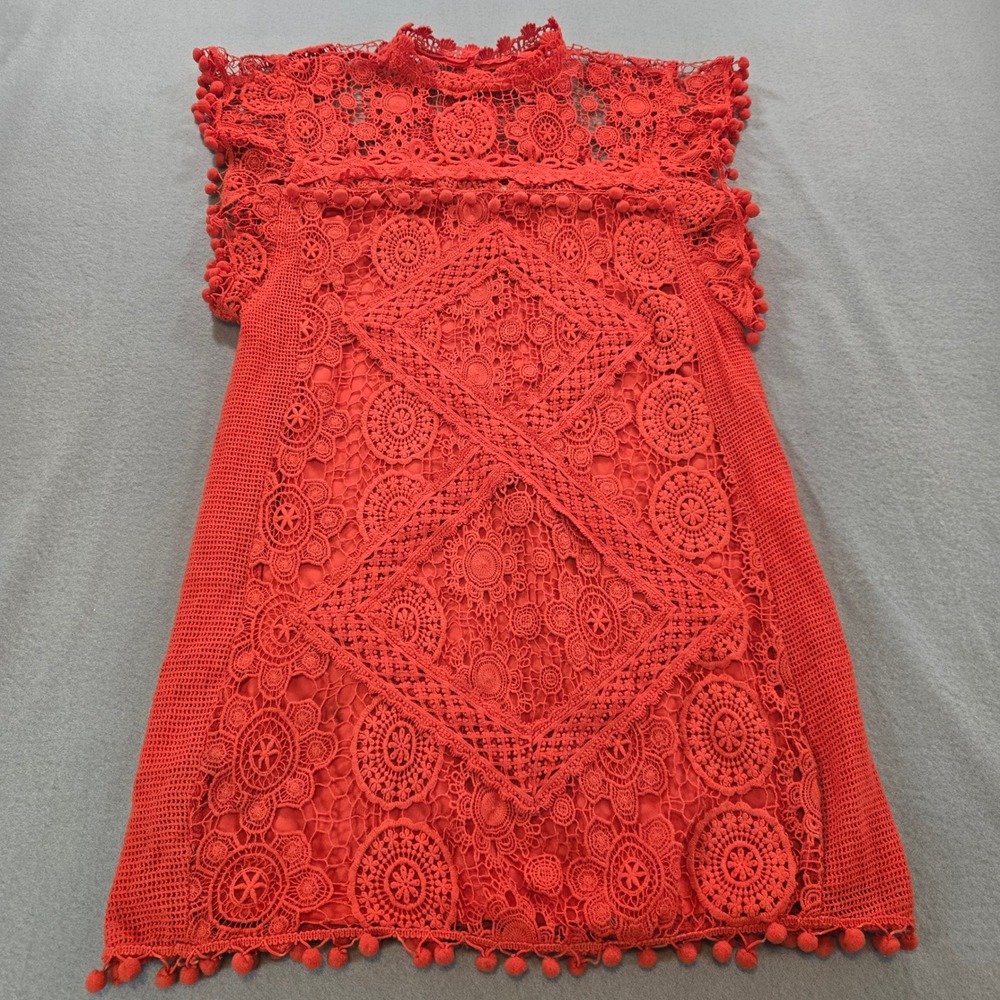 Tularosa Crochet Lace Mini Dress‎ Womens S Red Pom Pom Trim Boho High Neck
